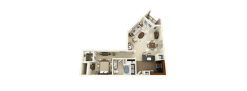 a bedroom apartment with a bathroom and a washer and dryer