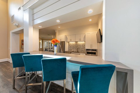 Amenities a kitchen with a long counter with blue chairs