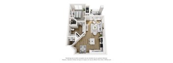 A 3D floor plan of a small apartment with a kitchen, living room, and bathroom.