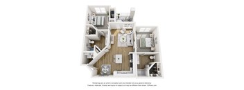 A 3D floor plan of a house with a kitchen, living room, and two bedrooms.