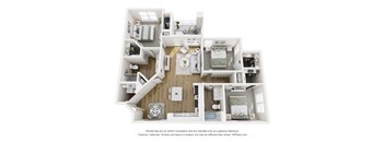 A 3D floor plan of a small apartment with a kitchen, living room, and bedrooms.