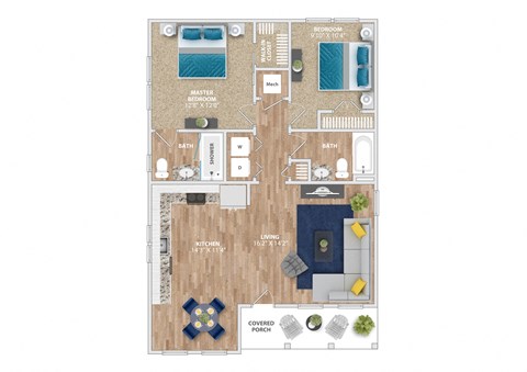 a floor plan of a house with furniture and a swimming pool