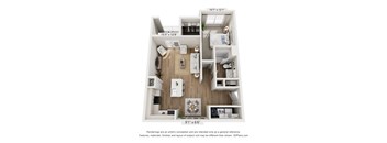 A 3D floor plan of a small apartment with a kitchen, living room, and bedroom.