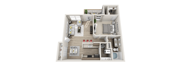 a stylized floor plan with a bedroom and a living room