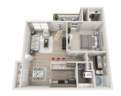 a stylized floor plan with a bedroom and a living room