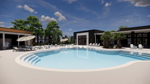 A large swimming pool with lounge chairs and umbrellas in front of a modern building.