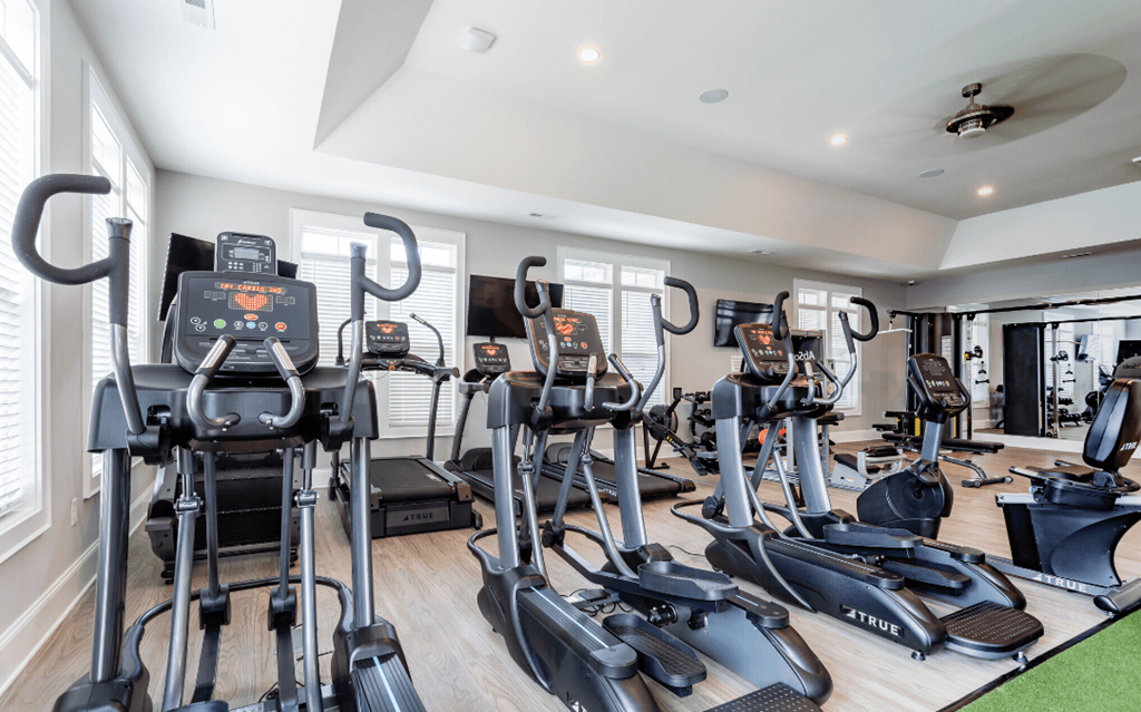 a gym with various cardio machines on the floor and a green rug