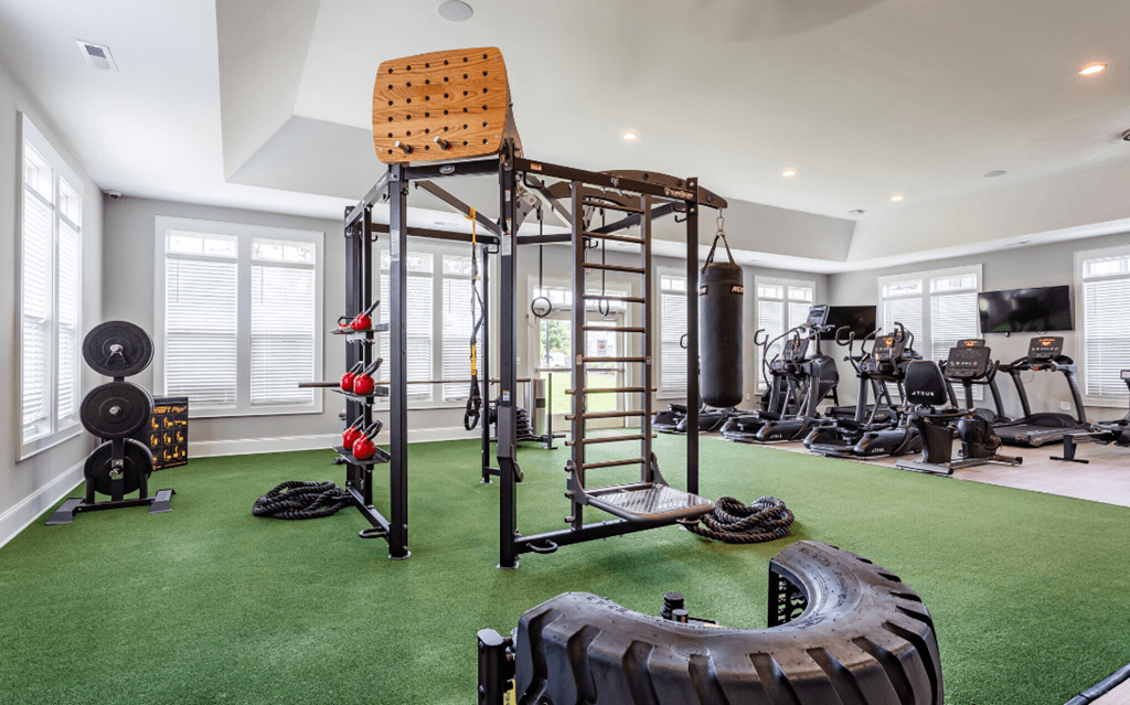 a home gym with weights and equipment on a green rug