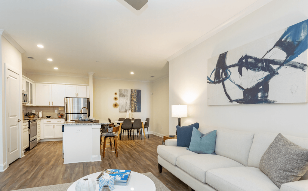 a living room with a couch and a table