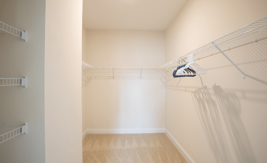 a spacious closet in a bedroom with white walls and a shower curtain