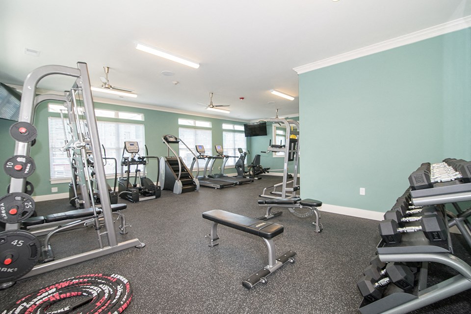 a gym with cardio equipment and weights on the floor