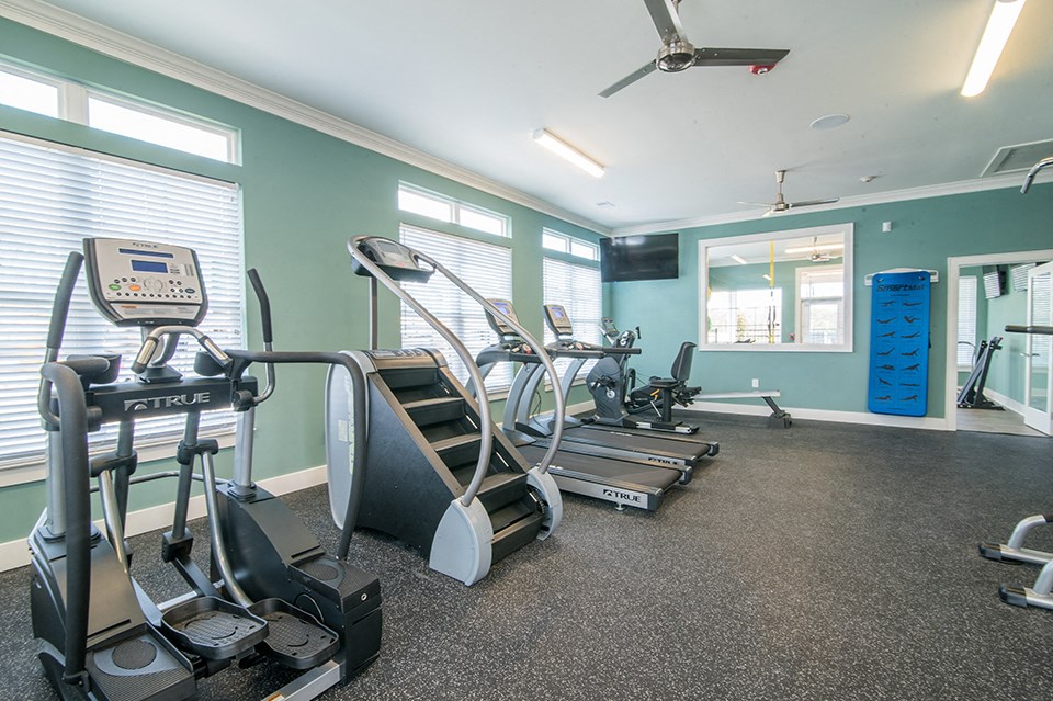 two treadmills and other exercise equipment in a gym with windows