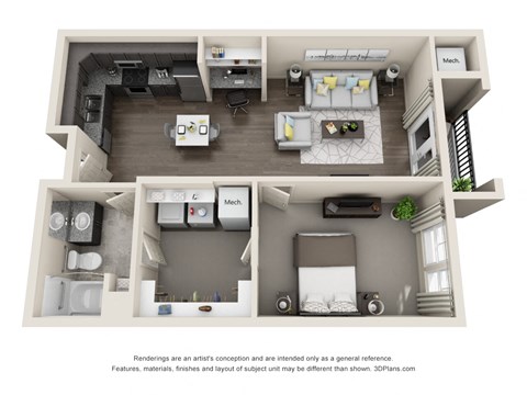 a 3d rendering of a floor plan with a bedroom and living room