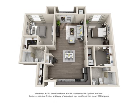 a stylized 3d floor plan of a 1 bedroom apartment