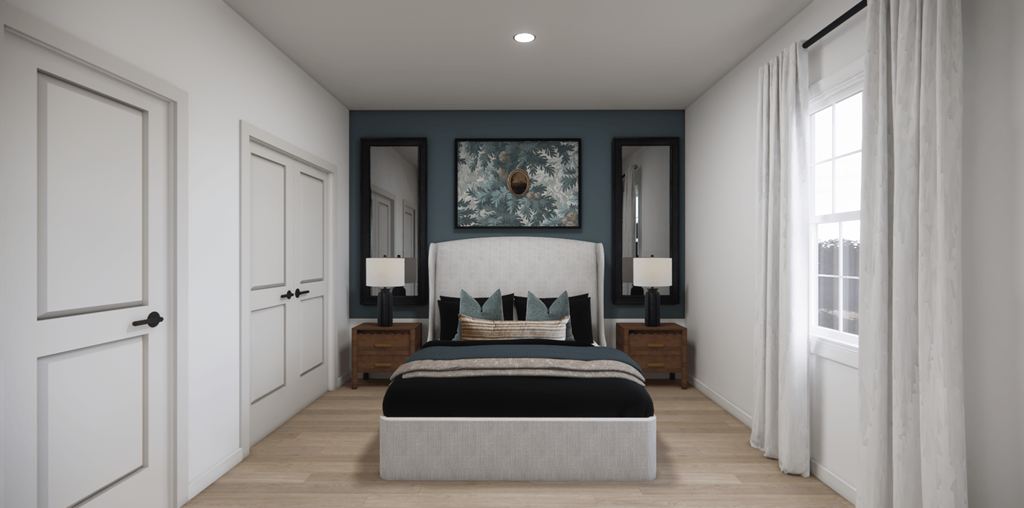 a bedroom with a bed and a blue wall and white doors