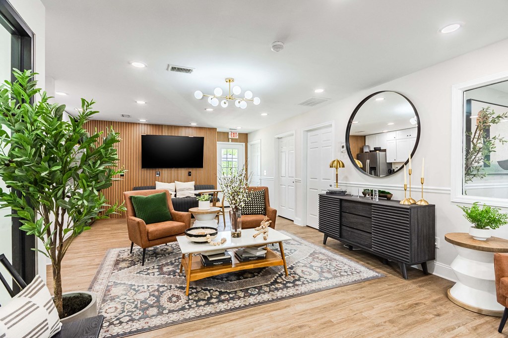 a living room with a couch and a table