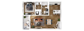 A top-down view of a living room, kitchen, and dining area.