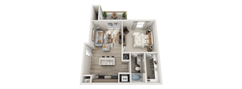 a stylized floor plan with a bedroom and a living room