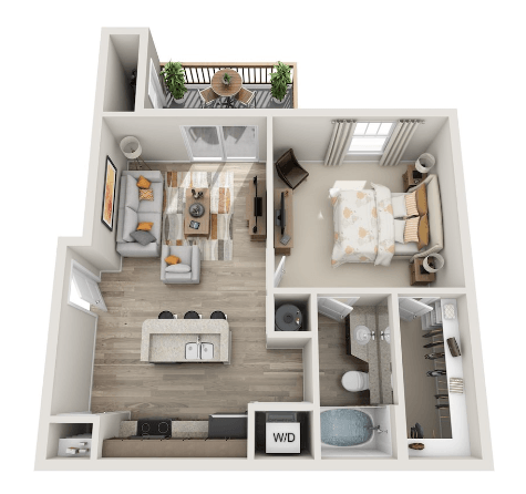 a stylized floor plan with a bedroom and a living room