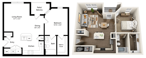 A floor plan and a top-down view of a small apartment with a living room, dining area, kitchen, and bathroom.