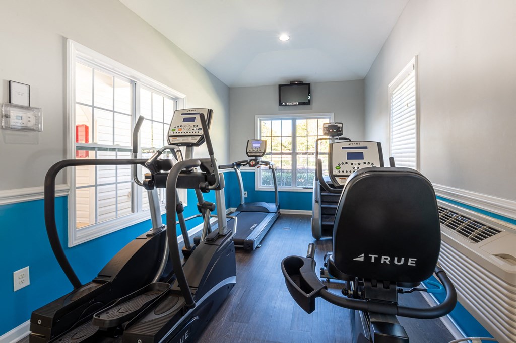 two treadmills and other exercise equipment in an indoor gym