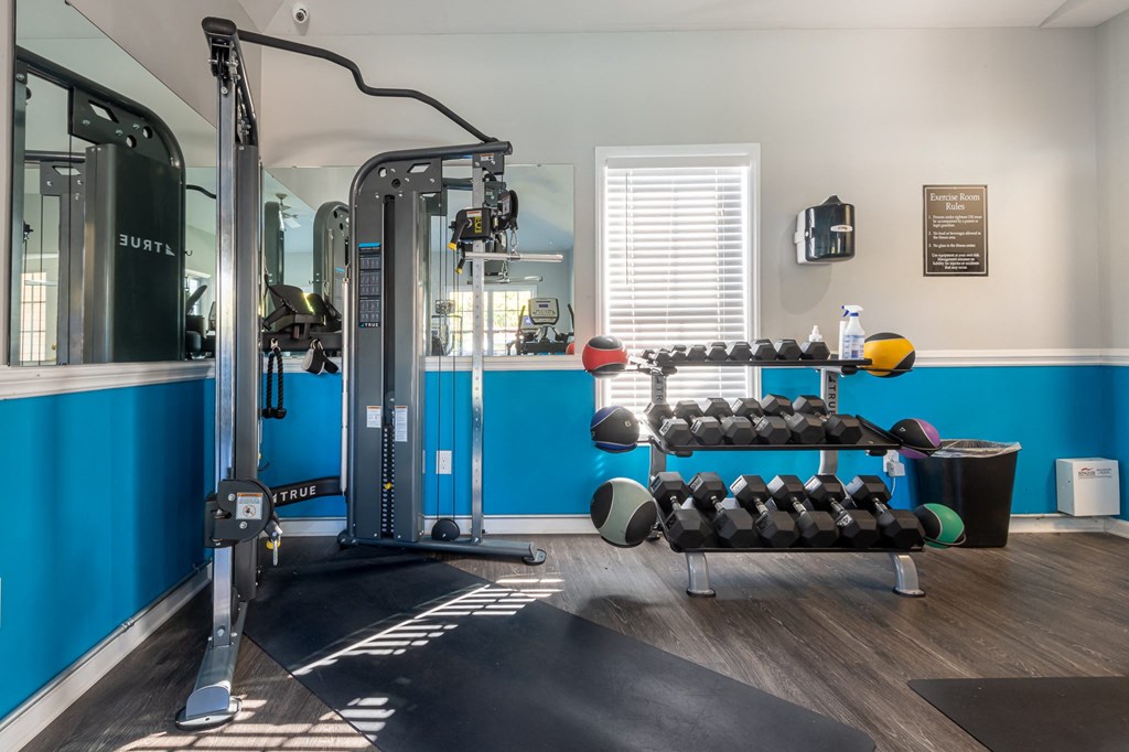 a fitness room with weights and a rack of dumbbells