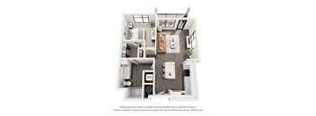 A 3D floor plan of a small apartment with a kitchen, living room, and bathroom.