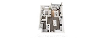 A 3D floor plan of a small apartment with a kitchen, living room, and bathroom.