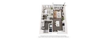 A 3D floor plan of a small apartment with a kitchen, living room, and bathroom.