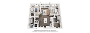 A 3D floor plan of a two-bedroom apartment with a living room, kitchen, and bathroom.