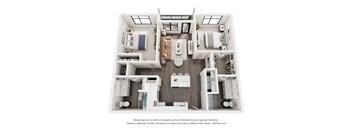 A floor plan of a small apartment with two bedrooms, a living room, and a kitchen.