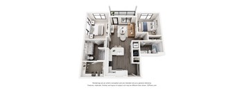 A 3D floor plan of a house with a kitchen, living room, and two bedrooms.