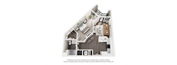 A 3D floor plan of a house with a kitchen, living room, and bathroom.