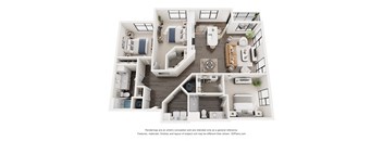 A 3D floor plan of a house with multiple rooms and furniture.