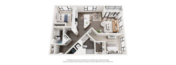 A 3D floor plan of a house with a kitchen, living room, and bedrooms.