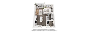 A 3D floor plan of a small apartment with a kitchen, living room, and bathroom.
