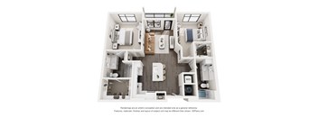 A 3D floor plan of a small apartment with a kitchen, living room, and two bedrooms.