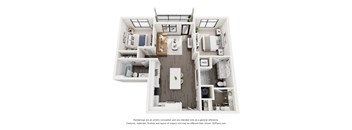 A 3D floor plan of a small apartment with a kitchen, living room, and two bedrooms.