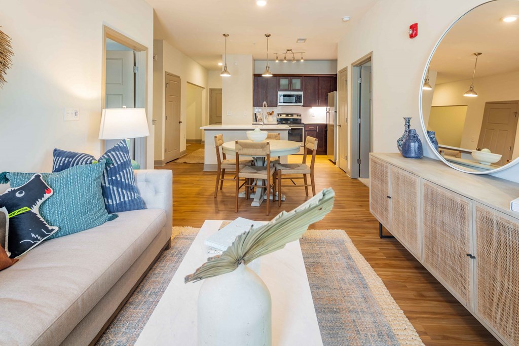 a living room with a couch and a table