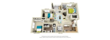A 3D floor plan of a house with rooms labeled with their dimensions.