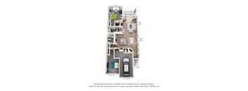A floor plan of a two-bedroom apartment with a living room, kitchen, and bathroom.
