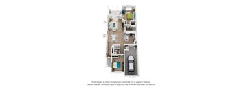 A floor plan of a small apartment with a kitchen, living room, and bedroom.