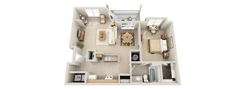 A 3D rendered image of a house layout.