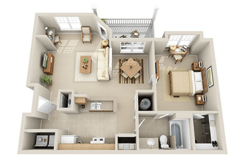 A 3D rendered image of a house layout.