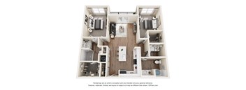 A 3D floor plan of a house with a kitchen, living room, and two bedrooms.