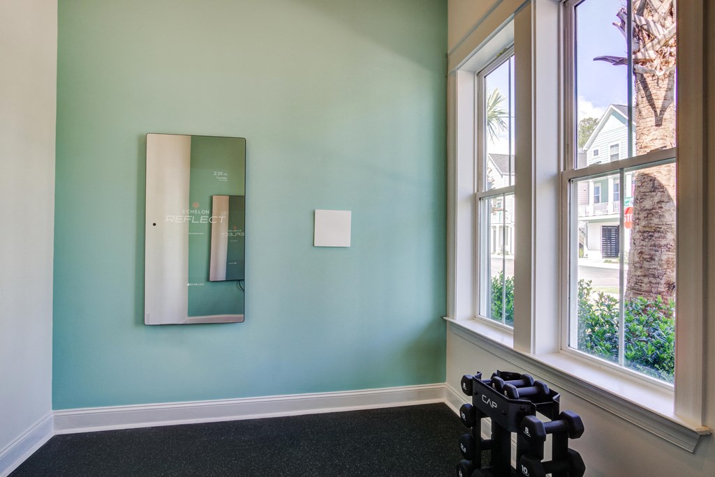 a room with two windows and a mirror and exercise equipment
