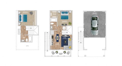 a floor plan of a house with furniture and a car