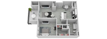 A 3D floor plan of a small apartment with a kitchen, living room, and bathroom.