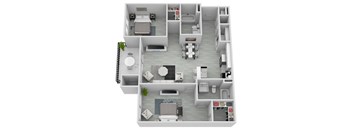 A 3D floor plan of a house with a kitchen, living room, and bathroom.