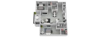 A 3D floor plan of a small apartment with a kitchen, two bedrooms, living room, and bathroom at The Austin in Opelika, AL.